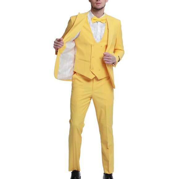 Canary Peak Lapel Double Breasted Vest Skinny Fit Men's Suit - Picture 2 of 2
